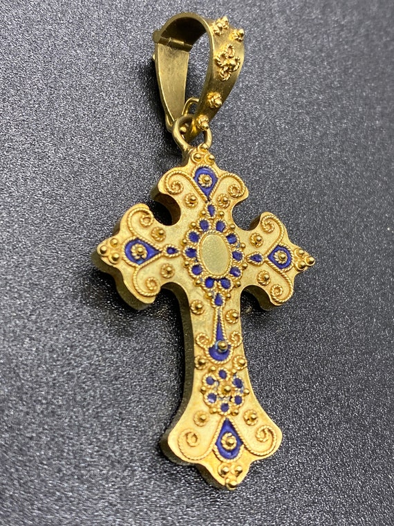 18k Gold and Blue Enamel Byzantine Filigree Cruci… - image 5