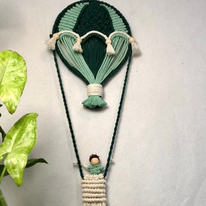 Personalized macrame air balloon wall decor, unique wall hang with mini tassels and macrame doll in basket