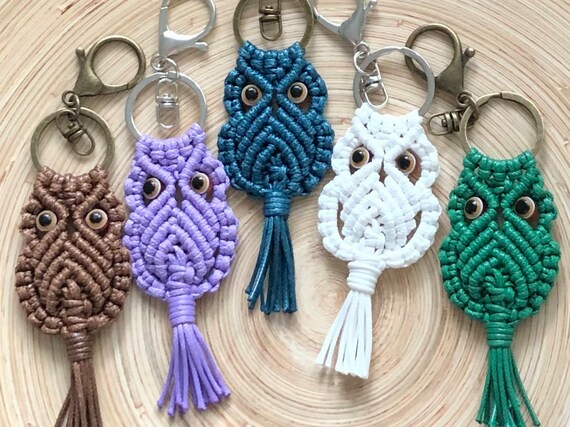 Macrame Owl Waxed Keychain Evil Eye Bead Animal Charm Bag 