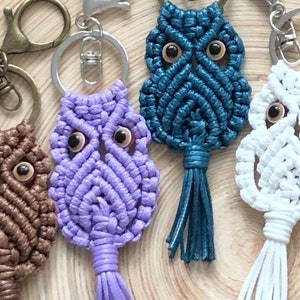 macrame owl waxed keychain, evil eye bead, animal charm, bag charms accessories, owl key holder, car accesories, keychain gifts,