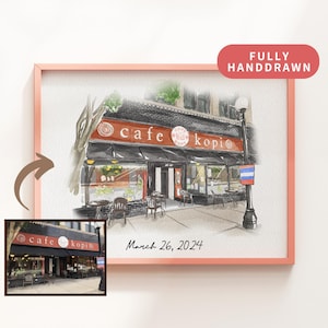 以下が含まれることがあります： ピンク色のフレームに入ったカフェの水彩画。カフェには黒い日よけがあり、赤い文字で「cafe kopi」と書かれています。「2024年3月26日」の日付が下に書かれています。カフェの小さな画像が左下にあります。