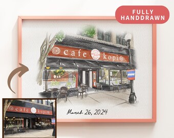 Our First Date Venue Portrait | Custom Watercolor Couple Drawing from Photo | Holiday Anniversary Gift | Romantic Restaurant Sketch