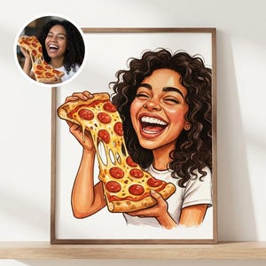 May include: A framed illustration of a woman with curly hair laughing while holding a large slice of pizza with pepperoni. The pizza slice has melted cheese. A smaller inset image shows the same woman with pizza.