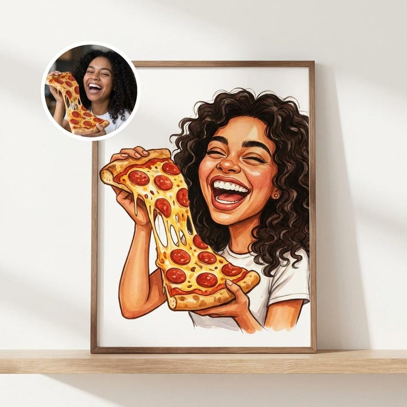 May include: A framed illustration of a woman with curly hair laughing while holding a large slice of pizza with pepperoni. The pizza slice has melted cheese. A smaller inset image shows the same woman with pizza.