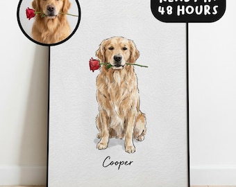 Könnte beinhalten: Gerahmter Druck mit einem Golden Retriever, der eine rote Rose im Maul hält. Der Hund sitzt, darunter steht der Name "Cooper". Ein kreisförmiges Bild des Hundes befindet sich oben links. Der Text "READY IN 48 HOURS" steht oben rechts.