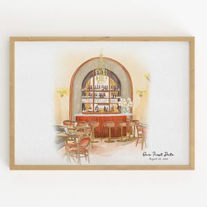 Può includere: Dipinto ad acquerello di un interno di ristorante con bar, tavoli e sedie. Il bar ha una facciata rossa ed è rifornito di bottiglie. Un lampadario è appeso sopra il bar. Il testo "Our First Date August 26, 2020" si trova nell'angolo in basso a destra.
