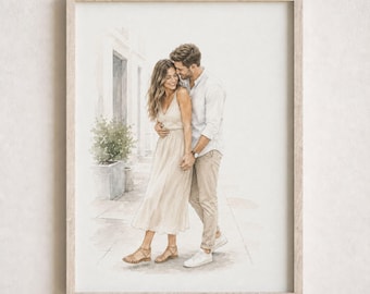 Custom Hand-Drawn Watercolor Couple Portrait, Personalized Proposal Drawing from Photo, Gift for Him and Her, Father's Day Gift for Him