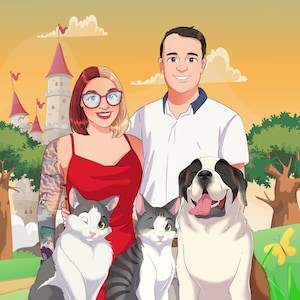 Custom Cartoon People Portrait | Family Digital Drawing | Unique Couple Gift | Hand-drawn Portrait | Personalized Art, Pet Owner Gifts