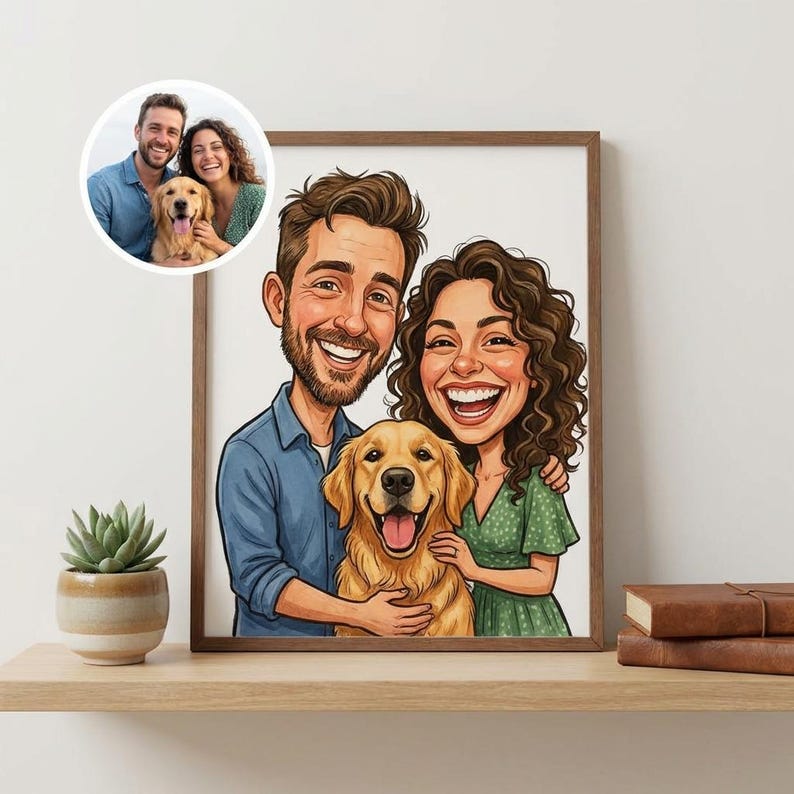 May include: A framed cartoon portrait of a couple and their golden retriever dog. The couple is smiling, and the dog has its tongue out. A smaller inset image shows the couple with the dog. A small potted succulent and two leather-bound books are on the shelf.