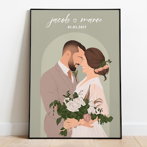 May include: A framed art print featuring a couple embracing, with the names "jacob & maree" and the date "01.03.2017" in white script. The illustration depicts a man in a suit and a woman in a wedding dress, holding a bouquet of white and pink flowers.