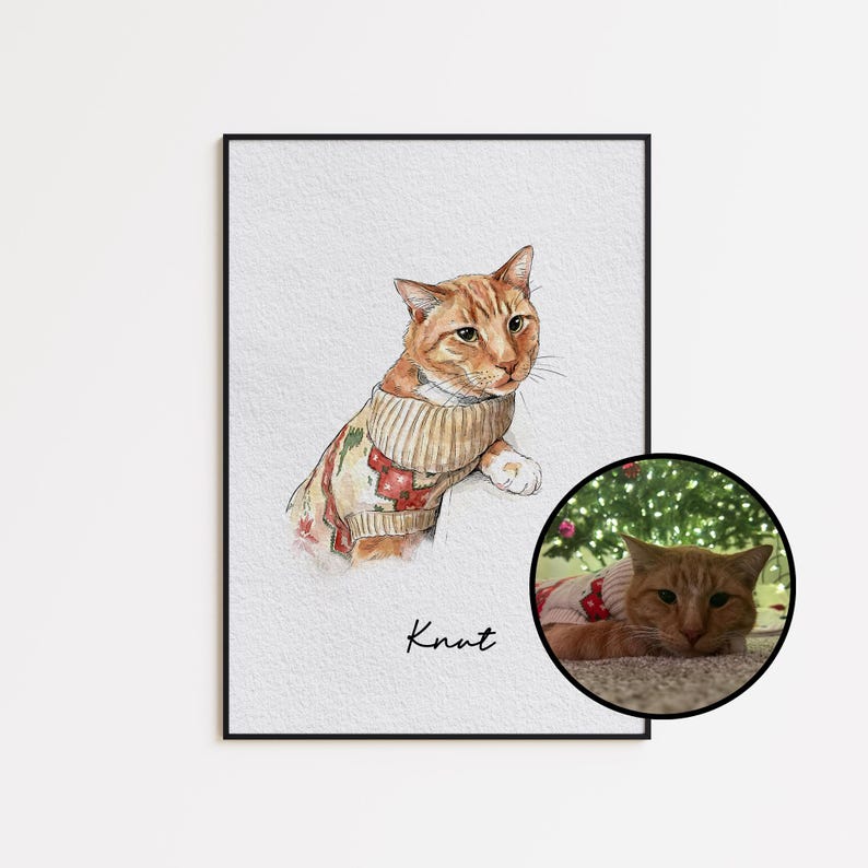 May include: Watercolor portrait of an orange tabby cat wearing a beige and red sweater, framed in black. A smaller, circular image shows the cat in the same sweater. The name "Knut" is written below the main image.