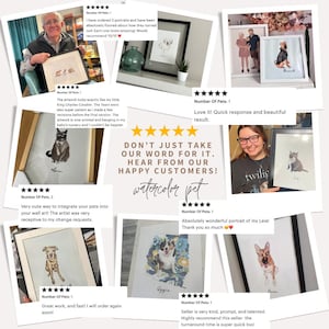 May include: A collage of framed watercolor pet portraits, showcasing various dog and cat breeds. Customer reviews and the text "watercolor pet" are also visible. The portraits are displayed in different settings, highlighting the artwork's versatility.