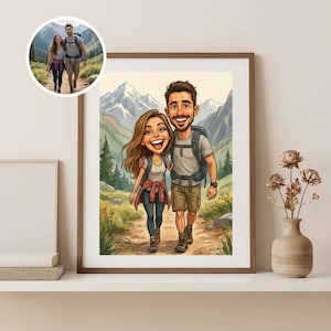 May include: A framed cartoon print of a couple hiking on a mountain trail, with a smaller circular image of the couple hiking in the upper left corner. The couple is smiling and wearing backpacks. The print is in a wooden frame.