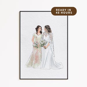 Può includere: Illustrazione incorniciata di due persone in abiti da sposa, con bouquet. Una persona indossa un abito bianco con mantello di pizzo, l'altra un abito verde chiaro con motivo floreale. Il testo "READY IN 48 HOURS" è visualizzato in un ovale marrone.