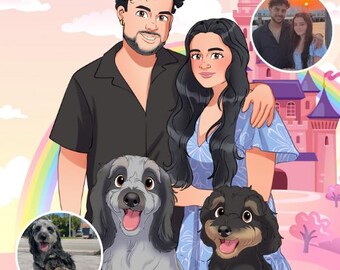 Custom Cartoon Family Portrait from Photo | Digital Art | Fun Pet & Couple Portrait | Pet Owner Gift | Family Christmas Custom Portrait