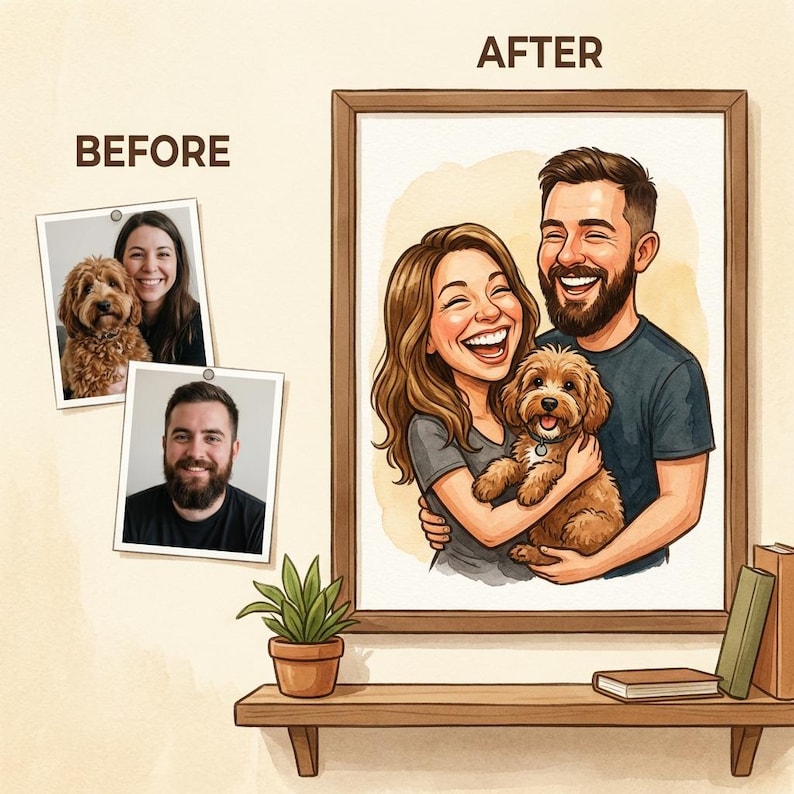 May include: A framed portrait of a couple and their dog, with the word "AFTER" above the frame. Two smaller photos are pinned to the wall, labeled "BEFORE". A small potted plant and books sit on a wooden shelf below the artwork.