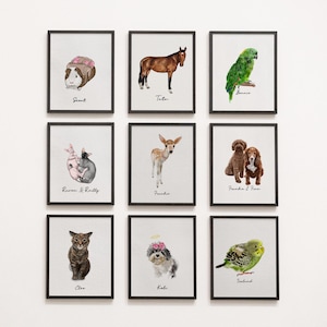 May include: Nine framed watercolor prints of various animals. The prints include a guinea pig, horse, parrot, two cats, a deer, two dogs, a cat, a dog, and a parakeet. Each print has the animal's name written below it.