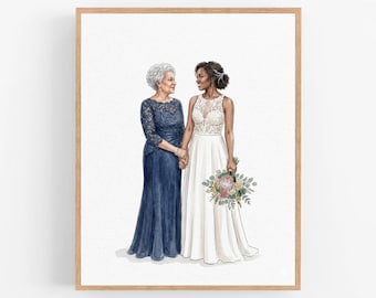 Custom Bride & Mom Portrait, Wedding Day Watercolor Gift, Mother of Bride Keepsake, Hand-Drawn Photo Art, Sentimental Gift Idea