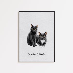 May include: A framed print featuring two cats. One cat is solid black, sitting upright. The other cat is black and white, lying down. The text "Simba & Yoda" is written in cursive at the bottom of the print. The background is a textured, off-white color.