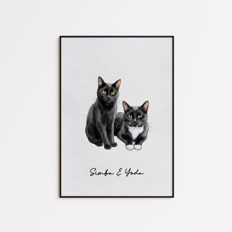 May include: A framed print featuring two cats. One cat is solid black, sitting upright. The other cat is black and white, lying down. The text "Simba & Yoda" is written in cursive at the bottom of the print. The background is a textured, off-white color.