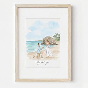 Può includere: Stampa artistica ad acquerello di una proposta di matrimonio sulla spiaggia. Un uomo si inginocchia, presentando un anello a una donna in abito bianco. La scena comprende oceano, cielo e palme. Il testo "She said yes" è scritto in basso.
