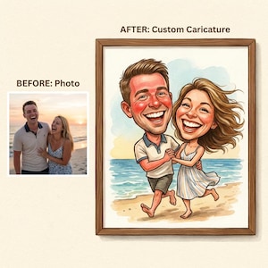 May include: A framed custom caricature of a couple running on a beach, with the text "AFTER: Custom Caricature". The artwork features vibrant colors and exaggerated features, with the couple smiling and holding hands. The frame is a warm brown color.
