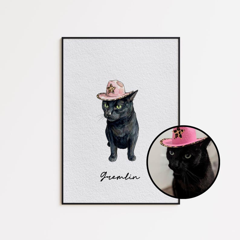 May include: A framed print featuring a black cat wearing a pink cowboy hat with a leopard print star. The word "Gremlin" is written in cursive below the cat. A smaller, circular image of the cat is in the lower right corner.