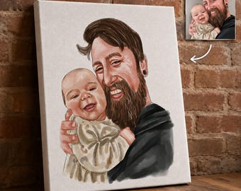 First Father's Day Gift, Personalized Watercolor Dad Portrait Canvas, Custom Family Portrait from Photo, Unique New Dad Keepsake Gift