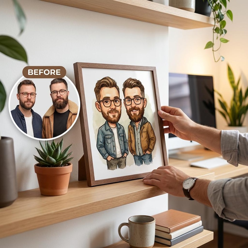 May include: A framed cartoon portrait of two men with glasses and beards, wearing casual jackets. The frame is brown, and the artwork is displayed on a wooden shelf. A "BEFORE" image is visible in the upper left corner.