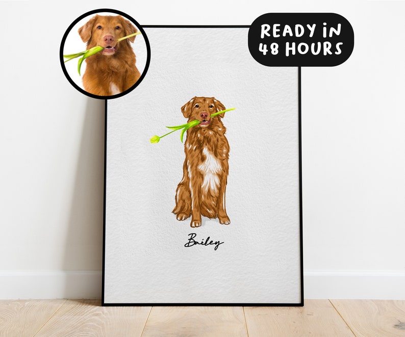 May include: A framed print featuring a brown dog holding a yellow flower in its mouth. The dog is sitting, with the name "Bailey" written below. A smaller circular image of the dog is in the upper left corner. Text on the top right says "READY IN 48 HOURS."