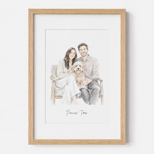 May include: A framed watercolour illustration of a person with long hair and a person with short hair sitting together on a chair with a golden doodle dog between them. The text "Precious Times" is written in black cursive script below the figures.