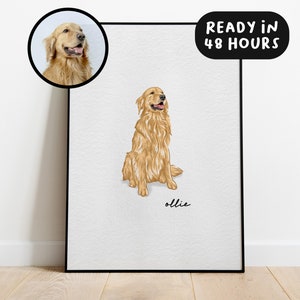 May include: A framed watercolor portrait of a golden retriever dog named Ollie. The artwork features a detailed illustration of the dog in a sitting position, with a smaller portrait in a circle at the top left. Text on the top right says "READY IN 48 HOURS."