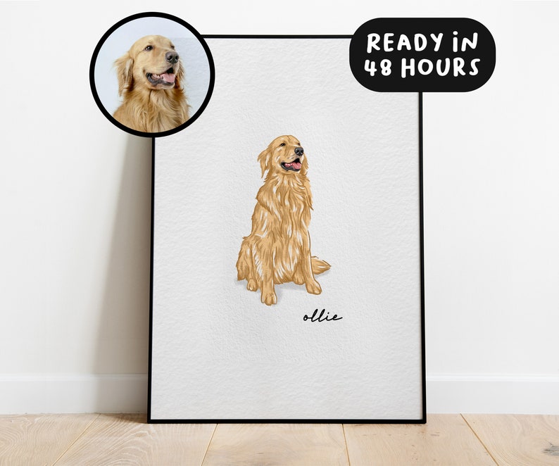 May include: A framed watercolor portrait of a golden retriever dog named Ollie. The artwork features a detailed illustration of the dog in a sitting position, with a smaller portrait in a circle at the top left. Text on the top right says "READY IN 48 HOURS."