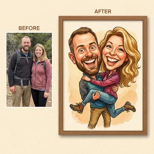 May include: A framed cartoon portrait of a couple, with a "Before" photo on the left. The "After" image shows a man holding a woman, both with exaggerated features and large smiles. The man has a beard, and the woman has blonde hair.