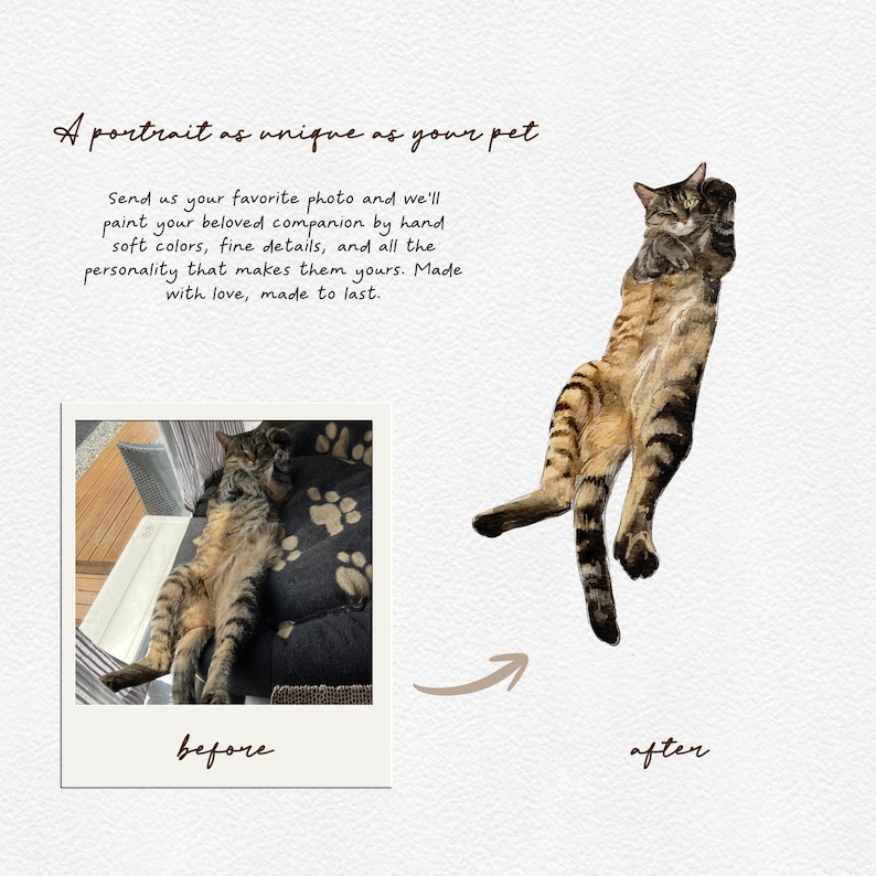 May include: Watercolor painting of a cat in a standing pose, with brown and black stripes. The image includes a "before" photo of the cat and the text "A portrait as unique as your pet".