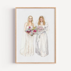 May include: Watercolor illustration of two women in wedding dresses, each holding a bouquet of flowers. The bride on the left wears a strapless gown and the bride on the right wears a long-sleeved gown. The artwork is framed.