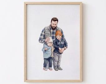 Custom Family Portrait for Dad, Personalized Watercolor Family Art, Father’s Day Gift from Kids, Family Keepsake Portrait