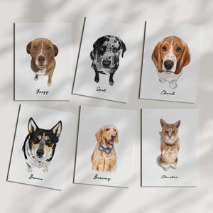 May include: Six pet portraits on white cards. The portraits include a brown dog named "Goofy", a black and white dog named "Spot", a brown and white dog named "Chunk", a black and white dog named "Bruno", a yellow dog named "Browning", and an orange cat named "Charlie".