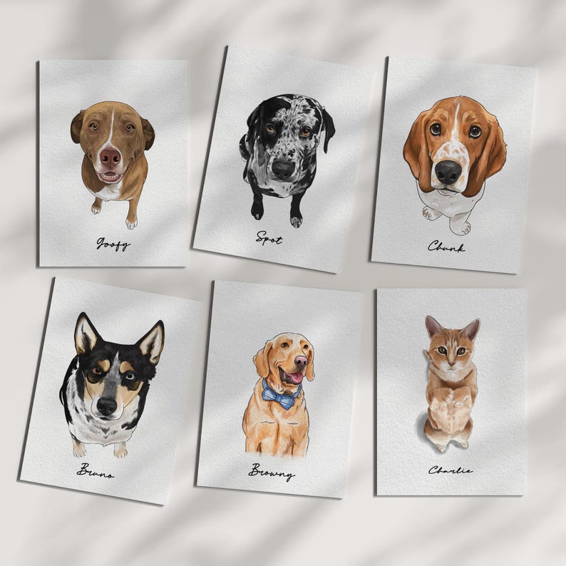 May include: Six pet portraits on white cards. The portraits include a brown dog named "Goofy", a black and white dog named "Spot", a brown and white dog named "Chunk", a black and white dog named "Bruno", a yellow dog named "Browning", and an orange cat named "Charlie".
