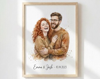 Custom Watercolor Couple Portrait from Photo, Personalized Digital Illustration for Engagement or Anniversary Gift Keepsake