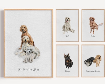 May include: A set of framed watercolor dog portraits. The main frame features three dogs with the text "The Walter Boys." Additional frames showcase individual dog portraits with names like "Arlo" and "Ruby."