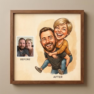 May include: A framed caricature portrait of a couple, with a "before" photo in the corner. The "after" image shows the couple in a cartoon style, with the man carrying the woman on his back. The frame is brown.