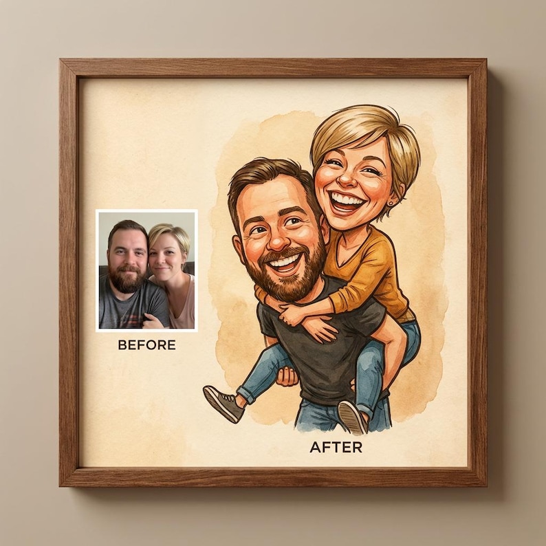 May include: A framed caricature portrait of a couple, with a "before" photo in the corner. The "after" image shows the couple in a cartoon style, with the man carrying the woman on his back. The frame is brown.