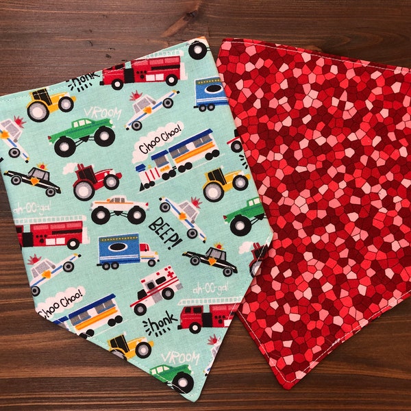 Transportation Vehicles/Red Mosaic Reversible Dog bandana with KAM snaps