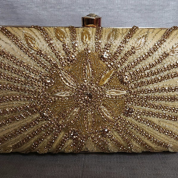 Velvet Gold Clutch with Beaded Crystal Detailing and Detachable Crossbody Chain - Perfect for Weddings, Parties, and Eid.
