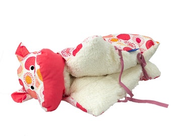Bio Nilpferdkissen mit Teddyplüsch. Kuscheltier und Kissen in einem. Personalisierbares Baby Geschenk für's Leben. Nilpferd Kuscheltier Baby