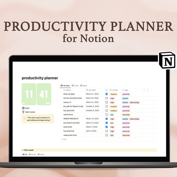 Productivity Planner for Notion, Notion Template, Digital Download, Organize your life, Habit Tracker, Tasks Management,