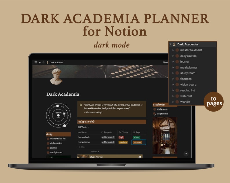 Dark Academia Notion Planner Aesthetic Notion Template Etsy Hong Kong