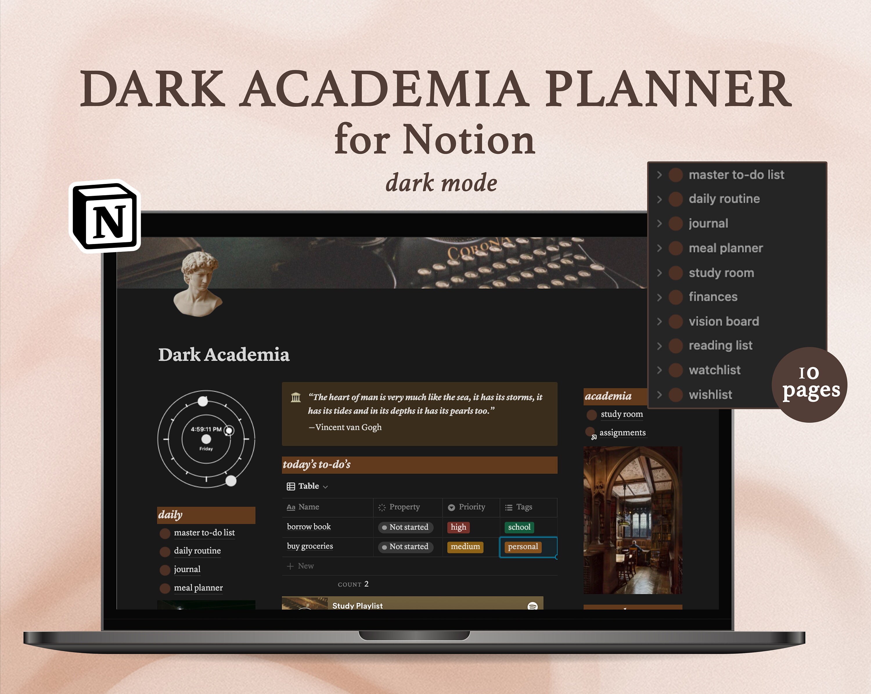 Dark Academia Notion Planner Aesthetic Notion Template - Etsy Hong Kong