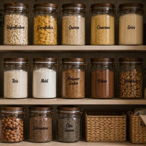 May include: A set of clear glass storage jars with dark wood lids arranged on wooden shelves. The jars contain various dry goods labeled Haferflocken, Cornflakes, Quinoa, Couscous, Gries, Reis, Mehl, Brauner Zucker, Kakao, Walnüsse, Mandeln, Leinsamen, and Chia Samen.